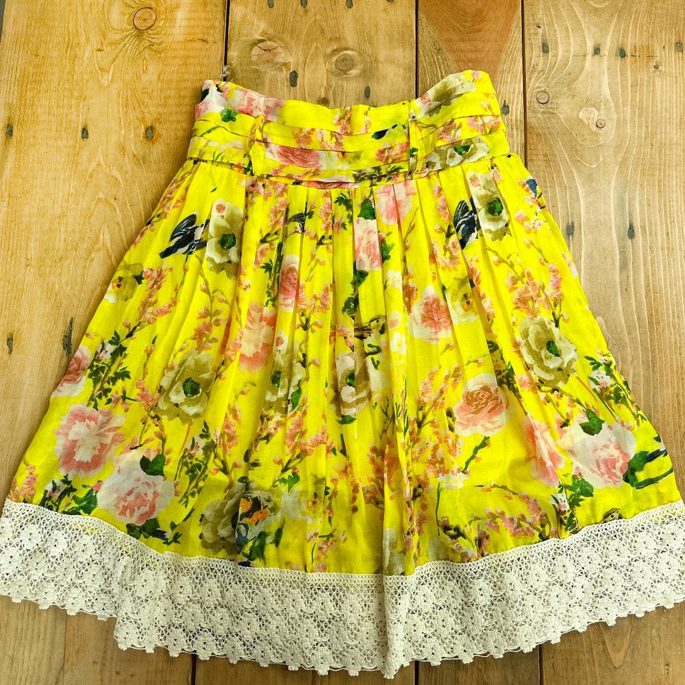 Floral Yellow Midi Skirt with Lace Trim